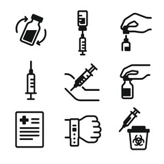 Fototapeta na wymiar Vaccine Preparation Icons. Solid, filled icon set of vaccine preparation steps: vial shaking, syringe filling, needle uncapping,