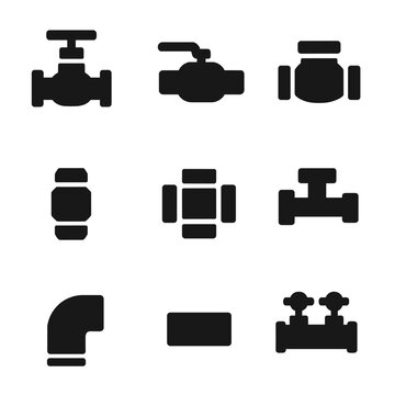 Valve and Fitting Icons. Solid, Filled icon set of valves and fittings: gate valve, ball valve, check valve, compression fitting,