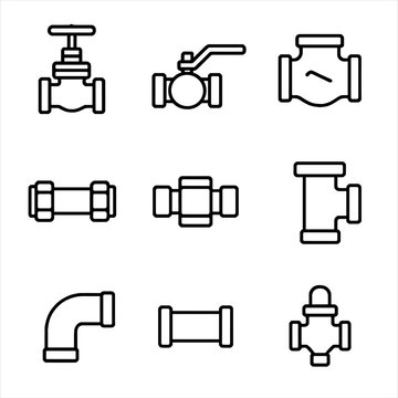 Valve and Fittings Icons. Outline icon set of valves and fittings: gate valve, ball valve, check valve, compression fitting, union
