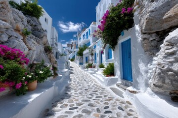 Naklejka premium Charming cobblestone street lined with vibrant flowers in a picturesque village