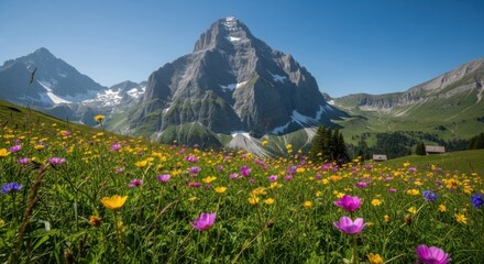 Fototapeta premium Vibrant Alpine Meadow Under Majestic Mountain Peaks Under a Clear Blue Sky