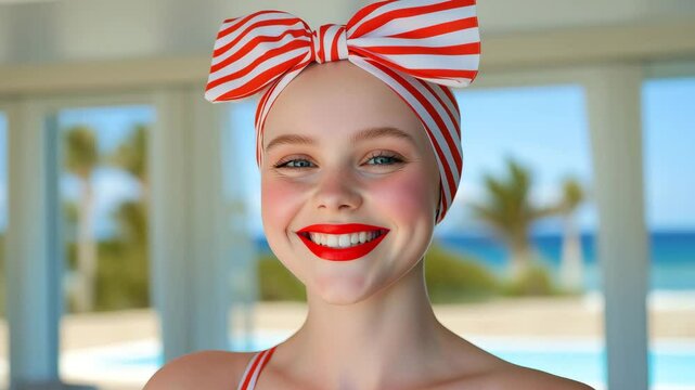 Smiling woman in retro bow headband in strips pattern 