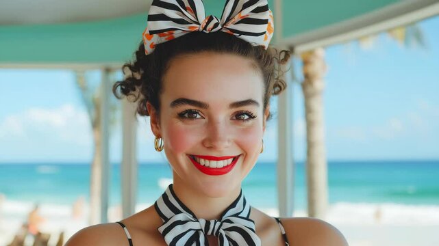 Smiling woman in retro bow headband in strips pattern 