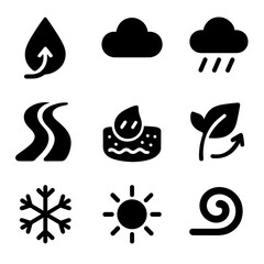 Water Cycle Icons. Solid, Filled icon set of water cycle processes: evaporation droplet, cloud formation, rain shower, river flow,
