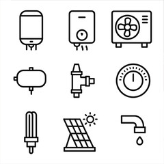 Water Heating Icons. Outline icon set of water heating systems: tank water heater, tankless heater, heat pump unit, expansion tank