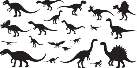 Dynamic vector silhouettes of running Jurassic dinosaurs, a captivating black illustration set for wildlife and animal designs