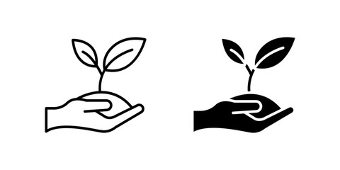 Tender sprout in hand icon set symbolizing nature, growth, and environmental care. Ideal for sustainability, organic farming, and ecological themes.