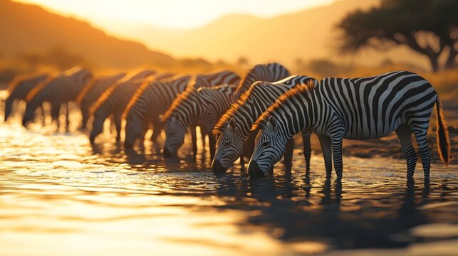 A herd of zebras drinks by the river, with soft sunlight shining on them