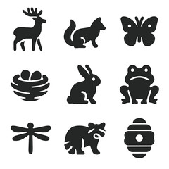 Obraz premium Wildlife Icon Grid. Solid, filled icon set of wildlife spotting: deer, fox, butterfly, bird nest, rabbit, frog, dragonfly, raccoon