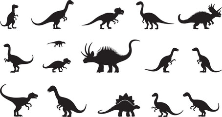 Black vector silhouette collection of wild animals and dinosaurs
