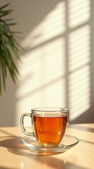 Morning tea scene with natural light and wood texture — vertical stock image for wellness and lifestyle content