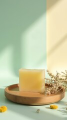 Minimal wellness soap product on wood — clean pastel vertical background for modern branding and ecommerce