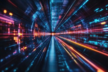 Digital tunnel with vibrant, streaking light and code