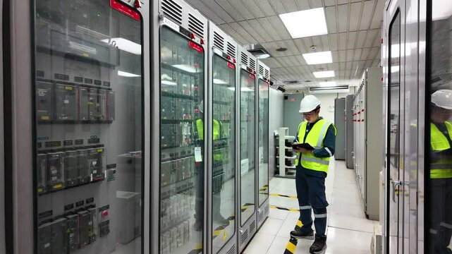 Electrical protection relay inspection substation with technician wearing safety helmet reflective vest performing maintenance check ensuring system reliability operational safety