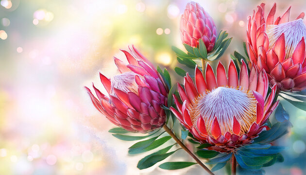 vibrant watercolor proteas with shimmering highlights for summer floral backdrop