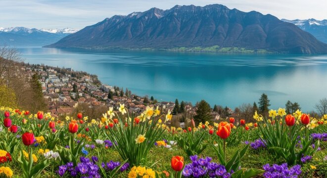 Vibrant Spring Meadow Overlooking a Serene Lake and Majestic Mountains