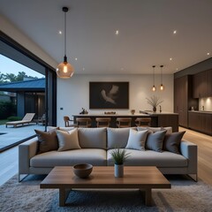 Fototapeta premium Modern Minimalist Living Room Interior Design: Evening Ambiance, Neutral Tones, and Open Plan Layout.