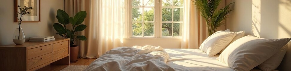 Sunlit Bedroom Interior Peaceful Meditation Space, Calming Decor, Natural Light, Tranquil Atmosphere, Perfect for Self-Care and Relaxation