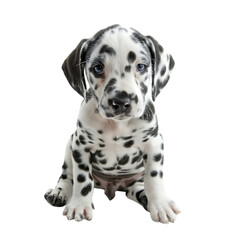 Cute dalmatian puppy with blue eyes sitting and looking forward isolated on transparent background