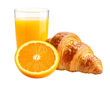 Minimalist Breakfast Composition: Croissant, Juice Glass, and Orange Slice, Transparent PNG