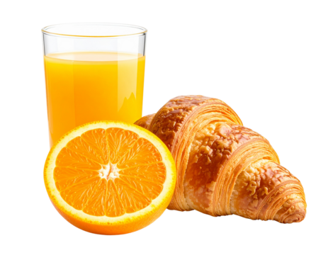 Minimalist Breakfast Composition: Croissant, Juice Glass, and Orange Slice, Transparent PNG