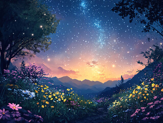 Naklejka premium Deep night landscape with glowing Milky Way stars and cosmic beauty