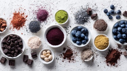 Flat lay of various superfoods displayed on a white tabletop