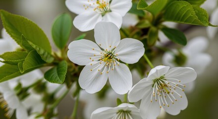 Obraz premium Close up view of delicate white cherry blossoms with green leaves