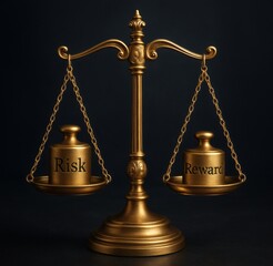 Golden Balance Scale Weighing Risk and Reward on Dark Background. Financial Investment Concept