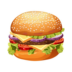 Savory Stack: A mouthwatering illustration of a classic hamburger, meticulously crafted with fresh ingredients and enticing textures, perfect for culinary themes.