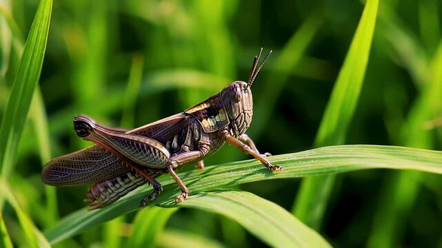Grasshopper on blade, green field background, nature photography, stock image