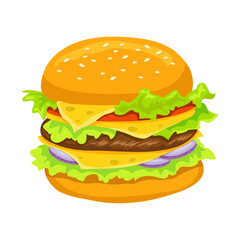 Delectable Layered Burger: A close-up, tempting illustration showcases a perfect burger with layers of flavorful ingredients, a feast for the eyes and a promise of deliciousness.