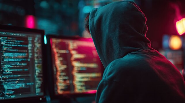 Conceptual illustration of anonymous hacker wearing hoodie and mask inside a digital cave made of binary codes and firewalls