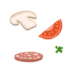 Pizza Ingredients: An illustration of delicious pizza ingredients, including mushroom, tomato slice, sausage and herb ready for the perfect recipe.