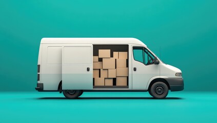 White delivery van, loaded with cardboard boxes, against a teal background (1)
