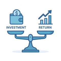 Obraz premium Blue Investment and Return Balance Scale with Wallet and Growth Chart on White Background. Minimalist Vector Finance Illustration for ROI, Business Metrics, or Financial Dashboard UI