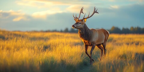 Naklejka premium A stag runs across the grassland, bathed in soft sunlight