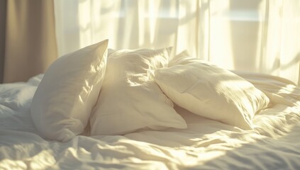 Soft white pillows on a bed, bathed in sunlight filtering through sheer curtains