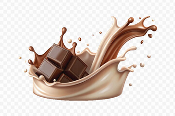 realistic 3d smooth liquid chocolate and milk splashes in different style isolated on transparent background	
