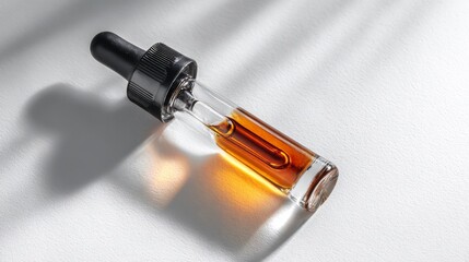 Top view of a skincare dropper containing serum on a white surface