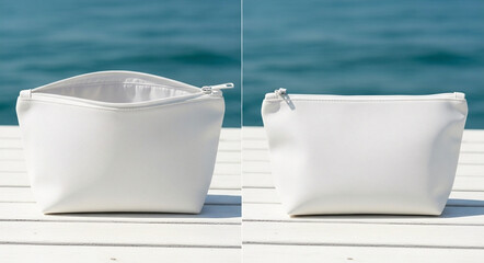 A split image of white cosmetic bag on a white wooden slatted surface near the ocean with open and closed views with faux leather texture and functional zippered design