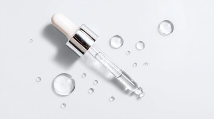 Top view of a skincare dropper containing serum on a white surface
