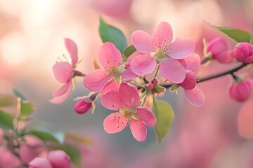 Obraz premium The crabapple flowers bloom on the branches, their pink petals delicate and vibrant