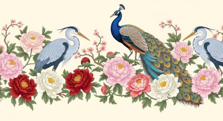 Fototapeta premium Exotic Birds and Peonies Border Design Featuring Cranes and a Peacock Amidst Floral Splendor