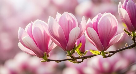 Fototapeta premium Delicate Pink Magnolia Blossoms Gracefully Unfolding in Soft Sunlight