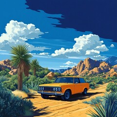 Adventure nostalgia: old timer car drive off road in the desert