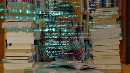 Female student taking notes at table with code overlay appearing, pausing, resuming to regain focus