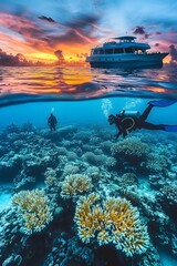 Divers swim freely among coral reefs, with shimmering sea water and a vibrant underwater landscape in the background