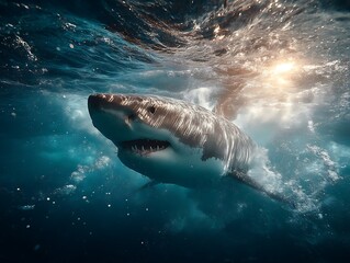 Fototapeta premium Majestic Great White Shark Swimming Underwater with Sunlit Ocean Waters.