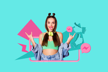 Image full pop trend collage of happy girl guy stand phone peek hand hold heart like reaction...